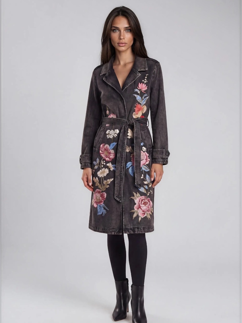 Floral Embroidered Black Trench Coat